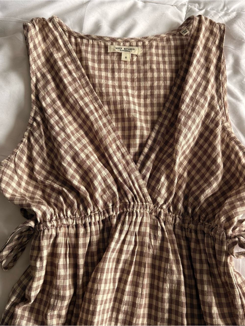 Sleeveless V-Neck Gingham Maxi Dress in Brown/Cream - Picture 2 of 3